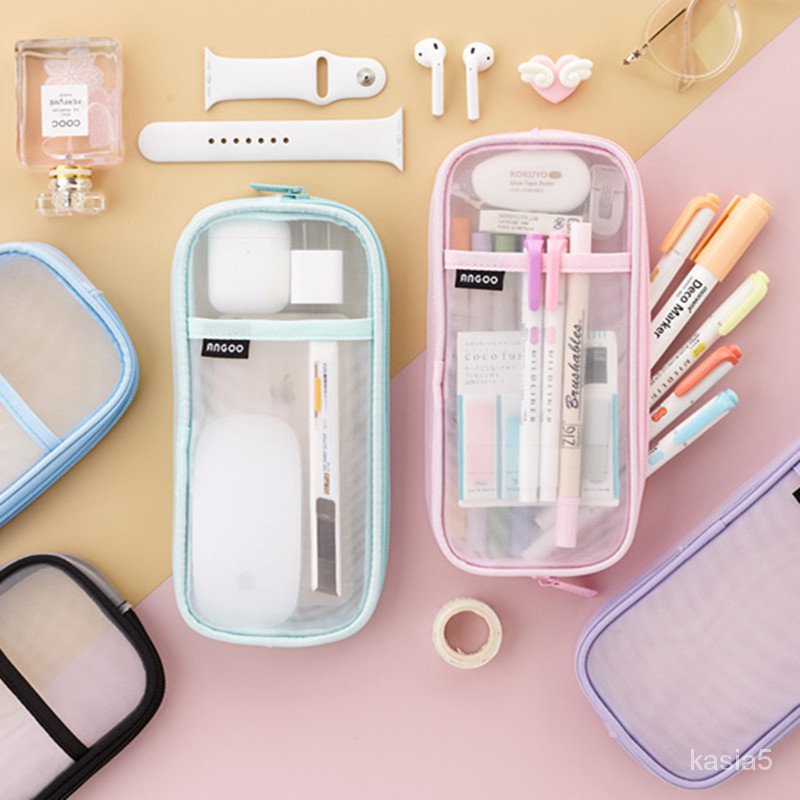 

Kawaii Korean Simple Candy Colors Mesh Pencil Case Large Capacity Transparent Stationery Box Studen