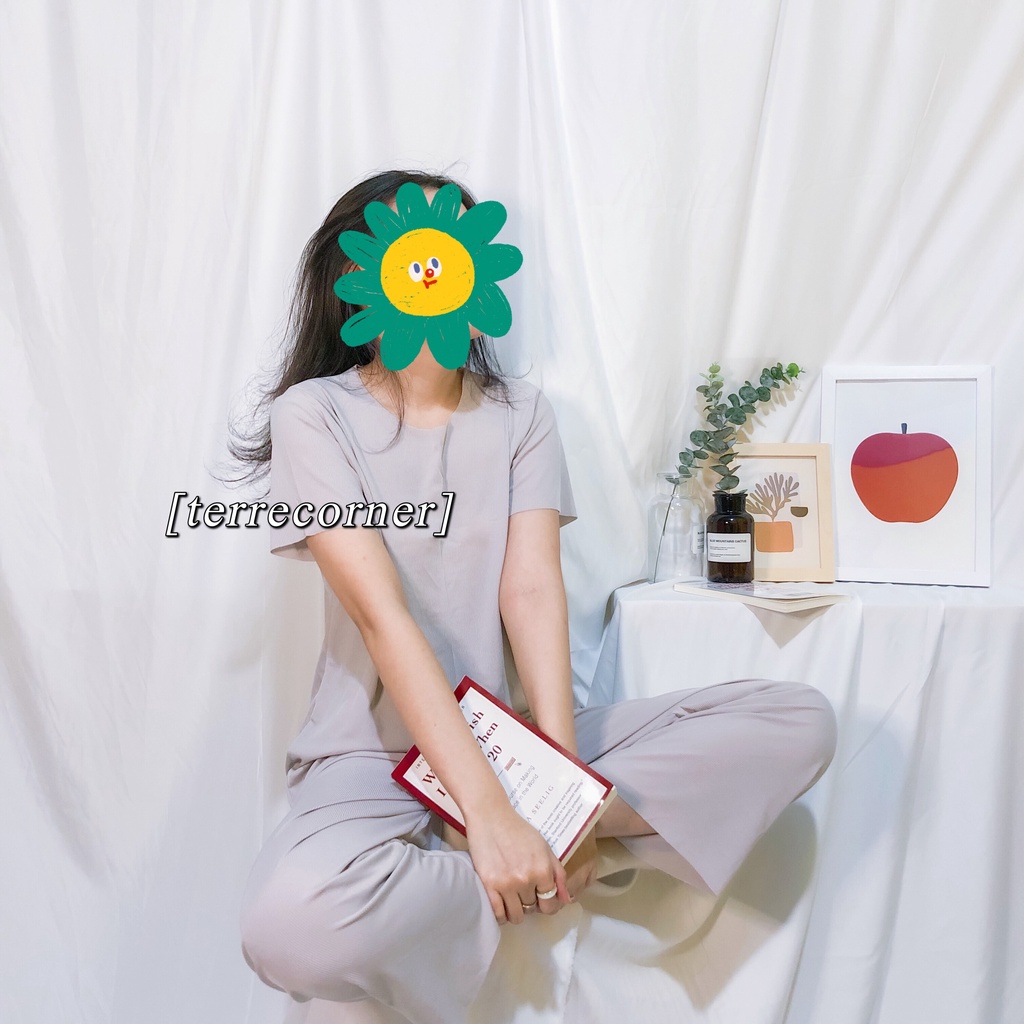 BAJU TIDUR WANITA PIYAMA WANITA PIYAMA PANJANG WANITA BAJU TIDUR PANJANG WANITA BAJU TIDUR PIYAMA PIYAMA LENGAN PENDEK BAJU TIDUR WANITA POLOS THARA LONG SET-Gray