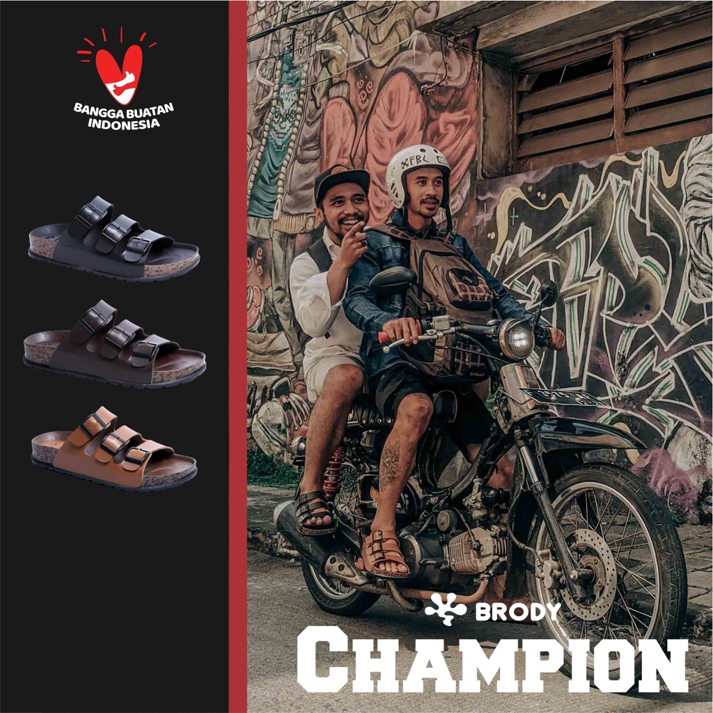 Brody CHAMPION  Sandal pria casual sendal slop sol puyuh kekinian model birken ban tiga gesper kulit keren