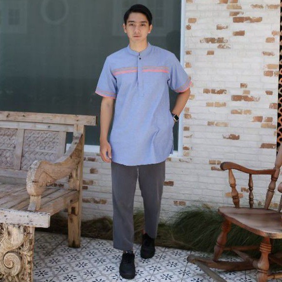 ALANZA KURTA ORIGINAL kurta baju muslim pria kurta lengan pendek warna light blue line motif ART03