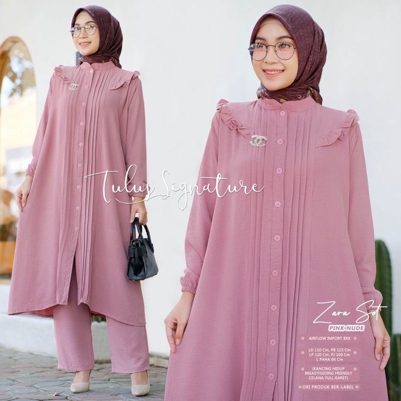 Zara Set/Stelan Long Tunik Cringkle Airflow/One Set Long Tunik Cubit Terbaru