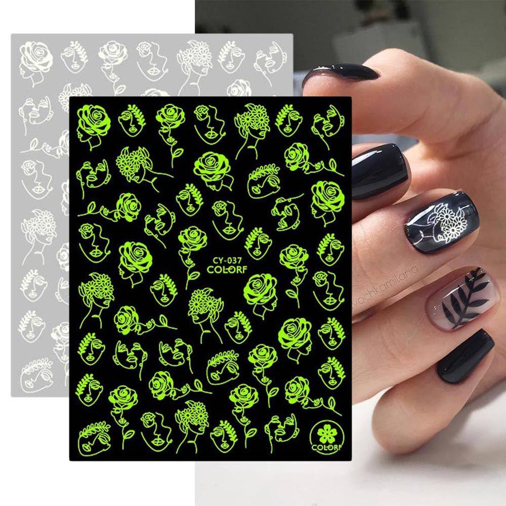 Solighter 3D Stiker Kuku Nail Art Dekorasi Slider Glow in the Dark Wajah Abtrak