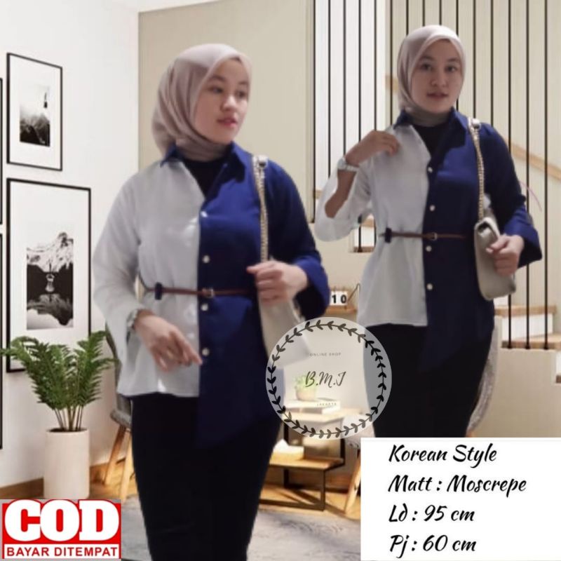 Kemeja Wanita Atasan Blouse Casual Polos Kombinasi Warna Motif Korean style Fashion Muslim 018-5