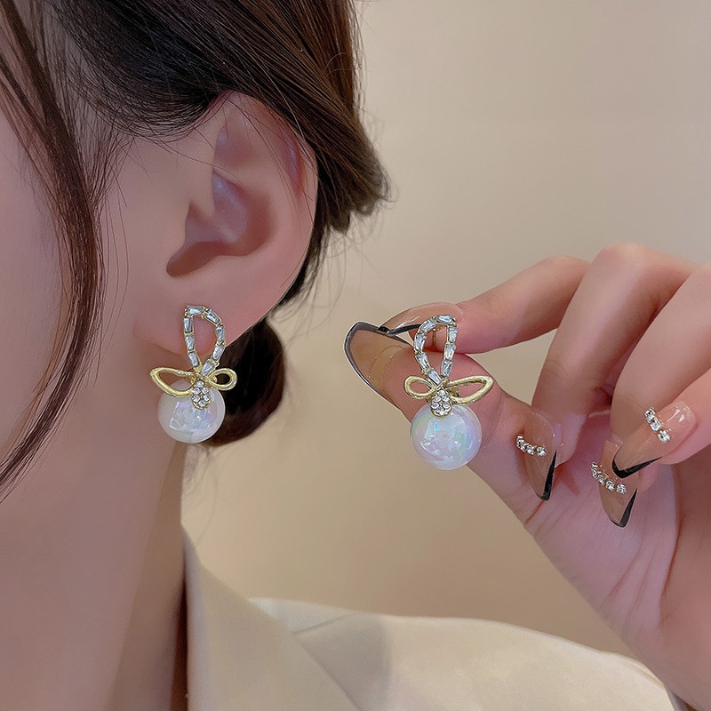 Anting Stud Desain Pita Aksen Mutiara Berlian Imitasi Bahan 925 silver needle