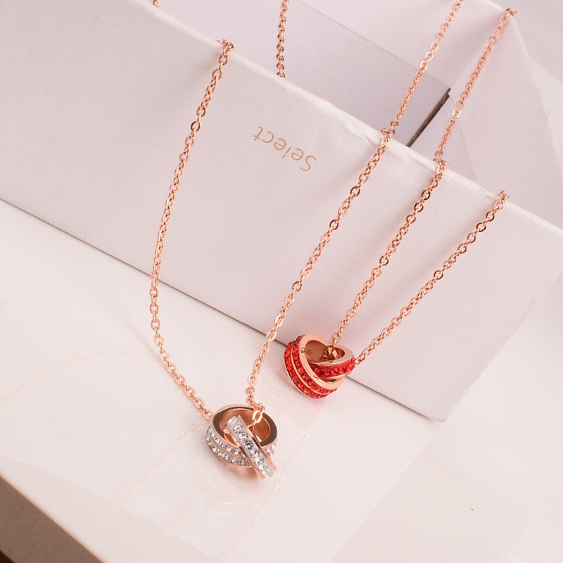 Kalung Double Ring Perak Sterling Full Berlian Rose Gold | Kalung Rosegold Kadar 18karat | Kalung Titanium Anti Karat | Kalung Titanium steel | Klavikula fashion Sederhana All-match