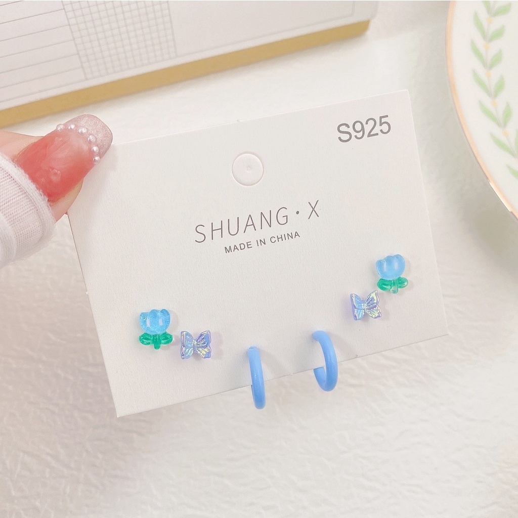 Set Perhiasan Anting S925 Silver Bentuk Bunga Tulip Butterfly Untuk Wanita