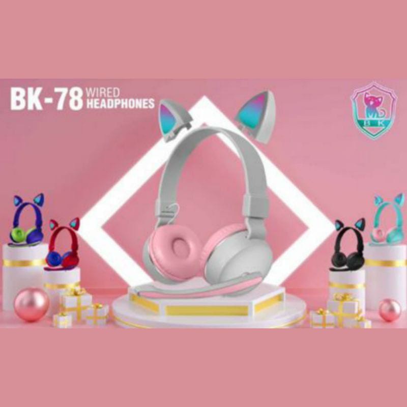 Headphone Wired Bando Cat Ear Headset LED BK-78 With Microphone 3.5mm