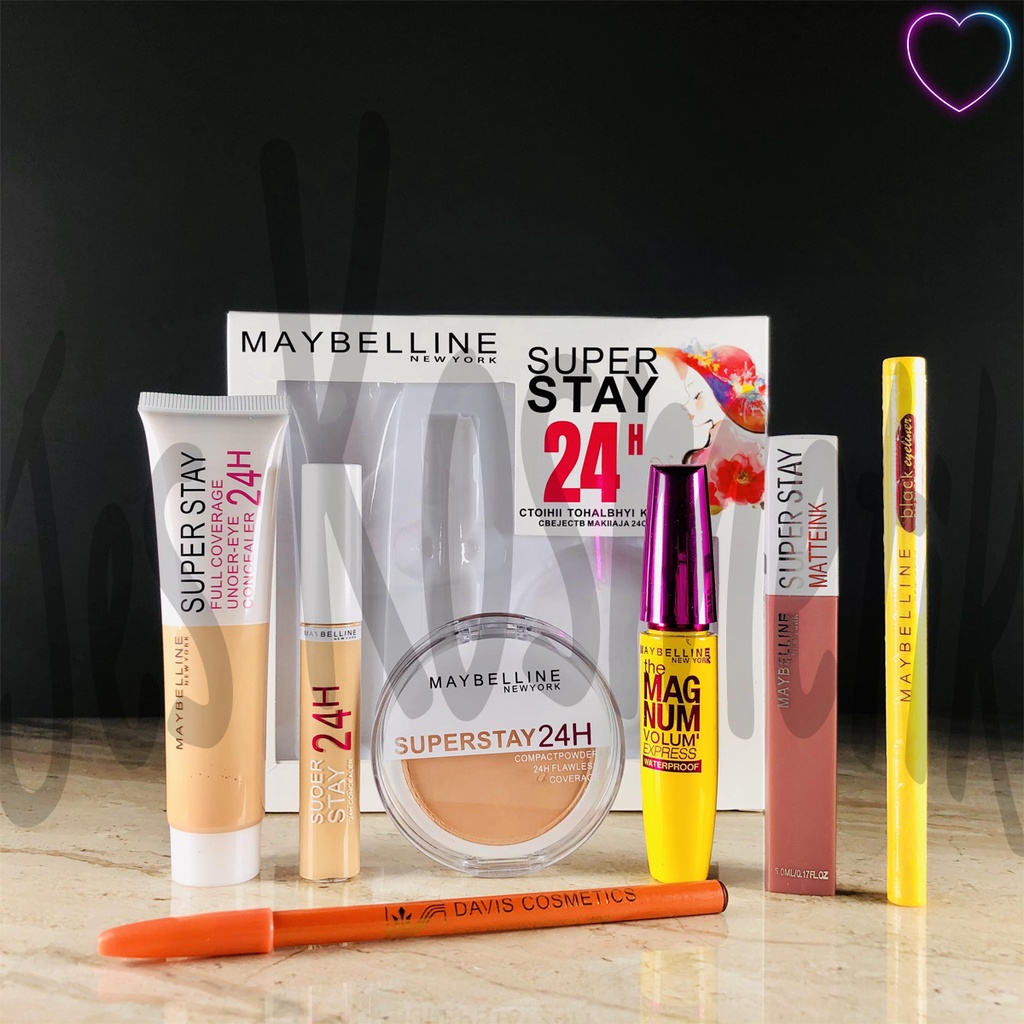 Paket Kosmetik MYB SuperStay 24H Lipgloss Mascara Eyeliner Pensil Alis Make Up Set 7 in 1