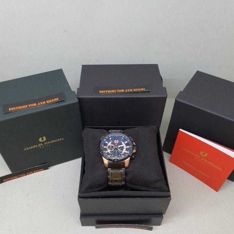 Jam Tangan Pria Charles Jourdan CJ1075-1532C black Rose Gold Dial Black Stainless Cronograp