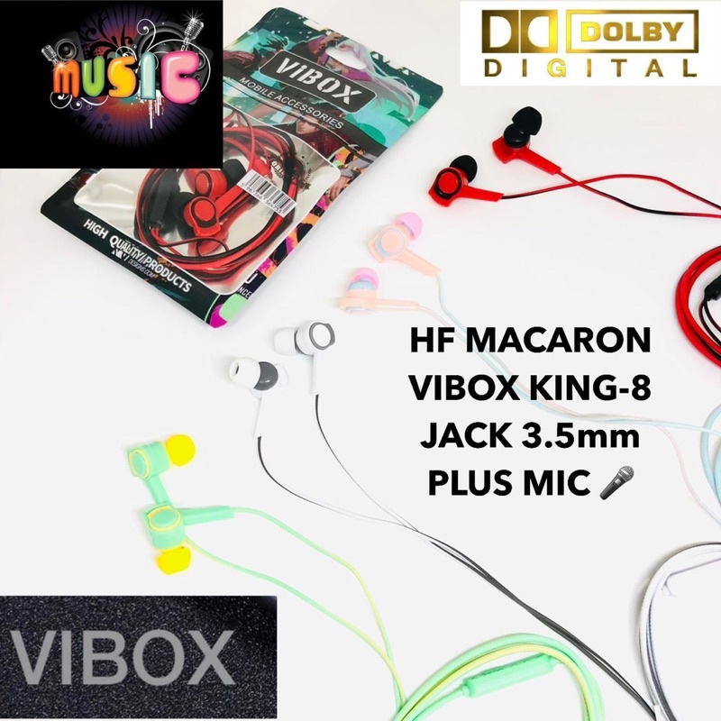 HANDSFREE MACARON VIBOX KING-8 JACK 3.5MM PLUS MIC EARPHONE MACARON PLUS MIC