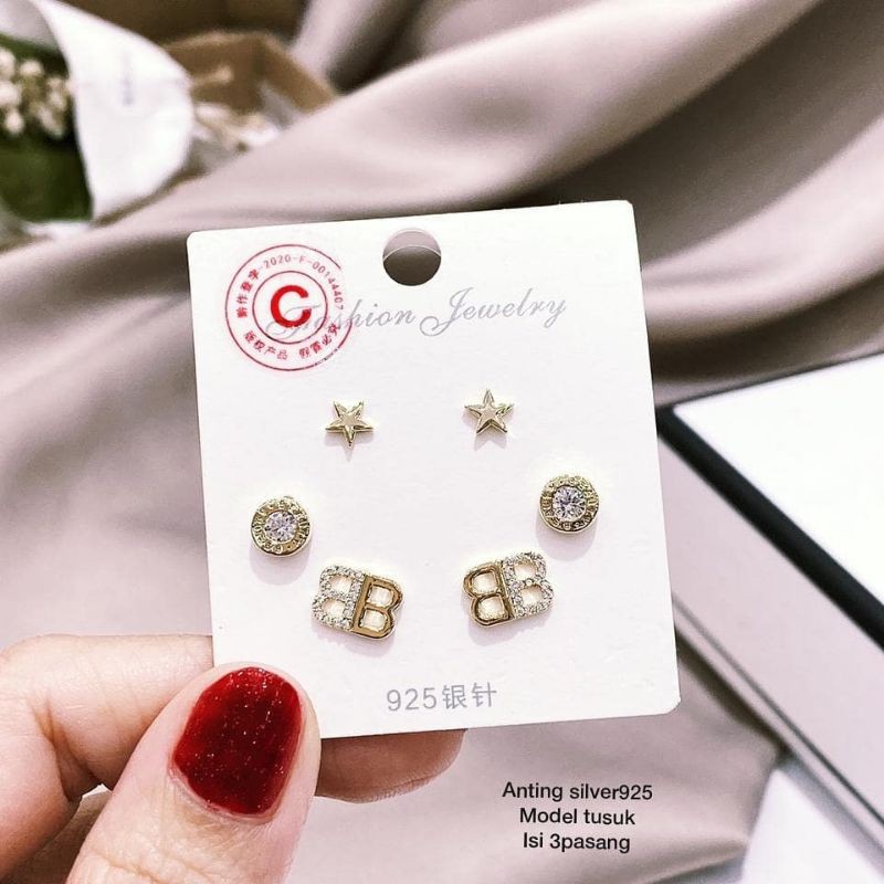 Anting Silver925 Perak Premium Quality isi 3set mata kilau Anti Karat Anti Alergi Earring at04