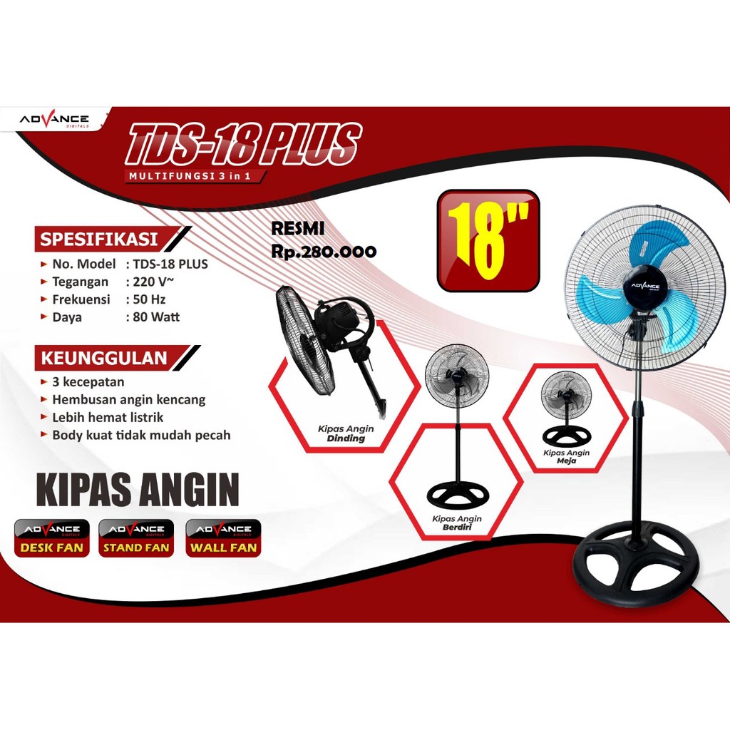 KIPAS ANGIN 3 IN 1 ADVANCE TDS-18 PLUS BERDIRI/DINDING/MEJA 18INCH