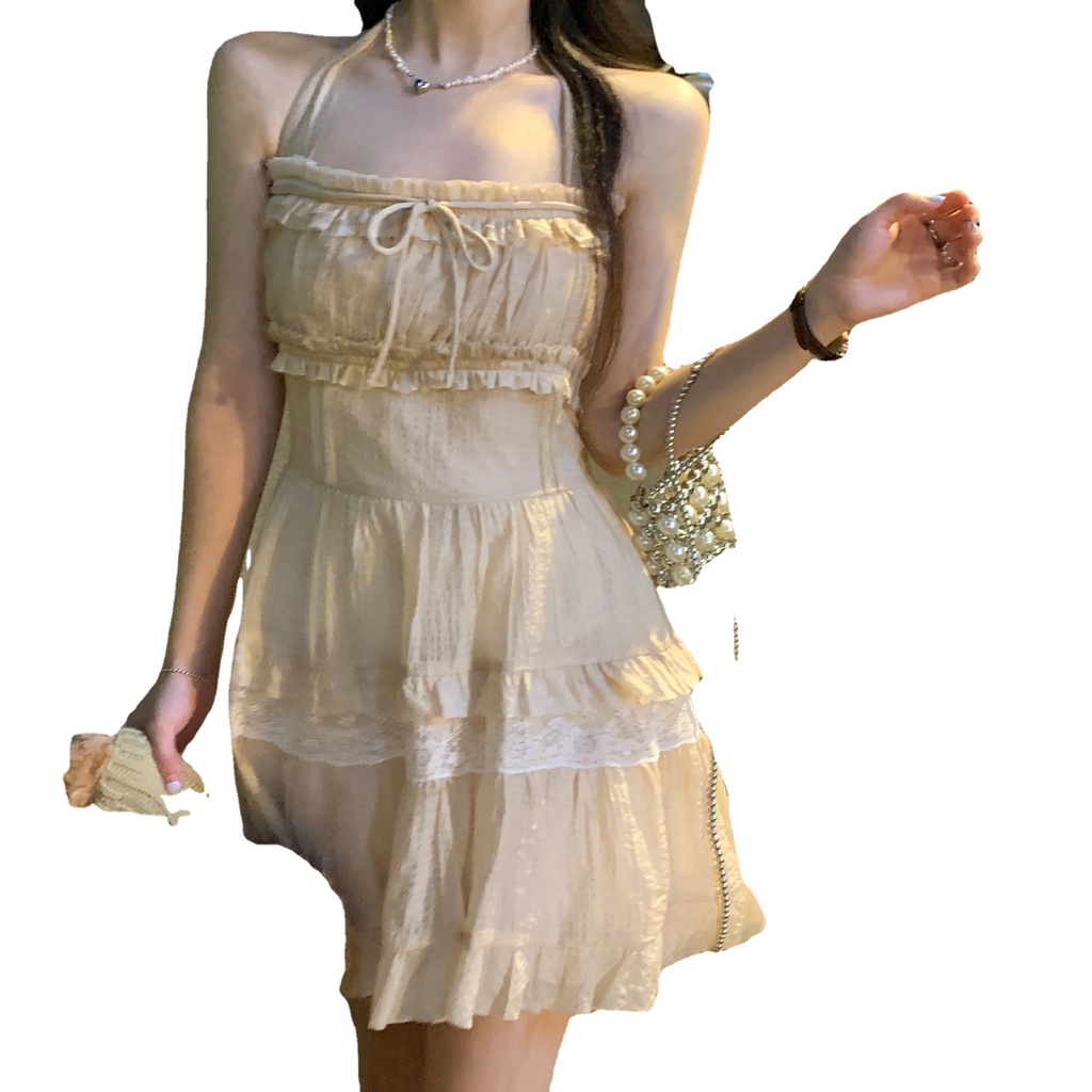 #Sisjuly# Wanita halter neck sexy suspender dress baru keinginan murni angin pinggang chic fashion rok wanita