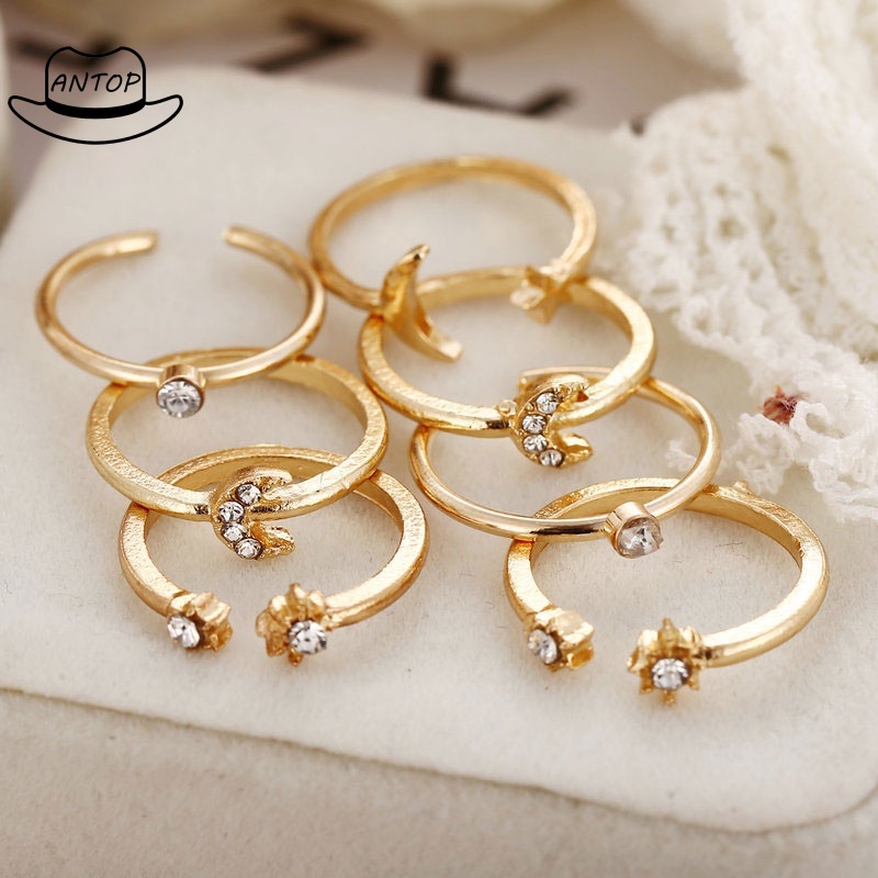 BUTTERFLY Set Perhiasan Cincin Bentuk Kupu-Kupu Bintang Bulan Warna Emas Gaya Retro Bohemian Untuk Wanita ANTOP