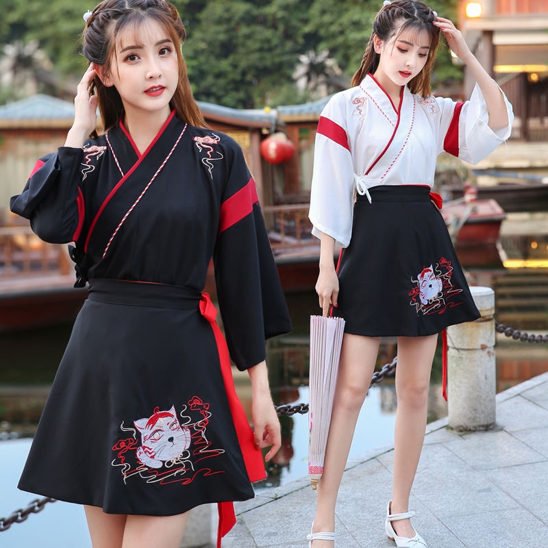 Improved Hanfu female student costume cat and cross collar suit lingmao two-piece embroidery everyda