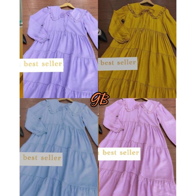 Dress Gamis Dres Polos Midi Susun Rayon Premium Import Kerah Tali Rempel Kualitas Best Seller Motif 2022 Terbaru Sekarang Warna Cerah LD 110 cm-1