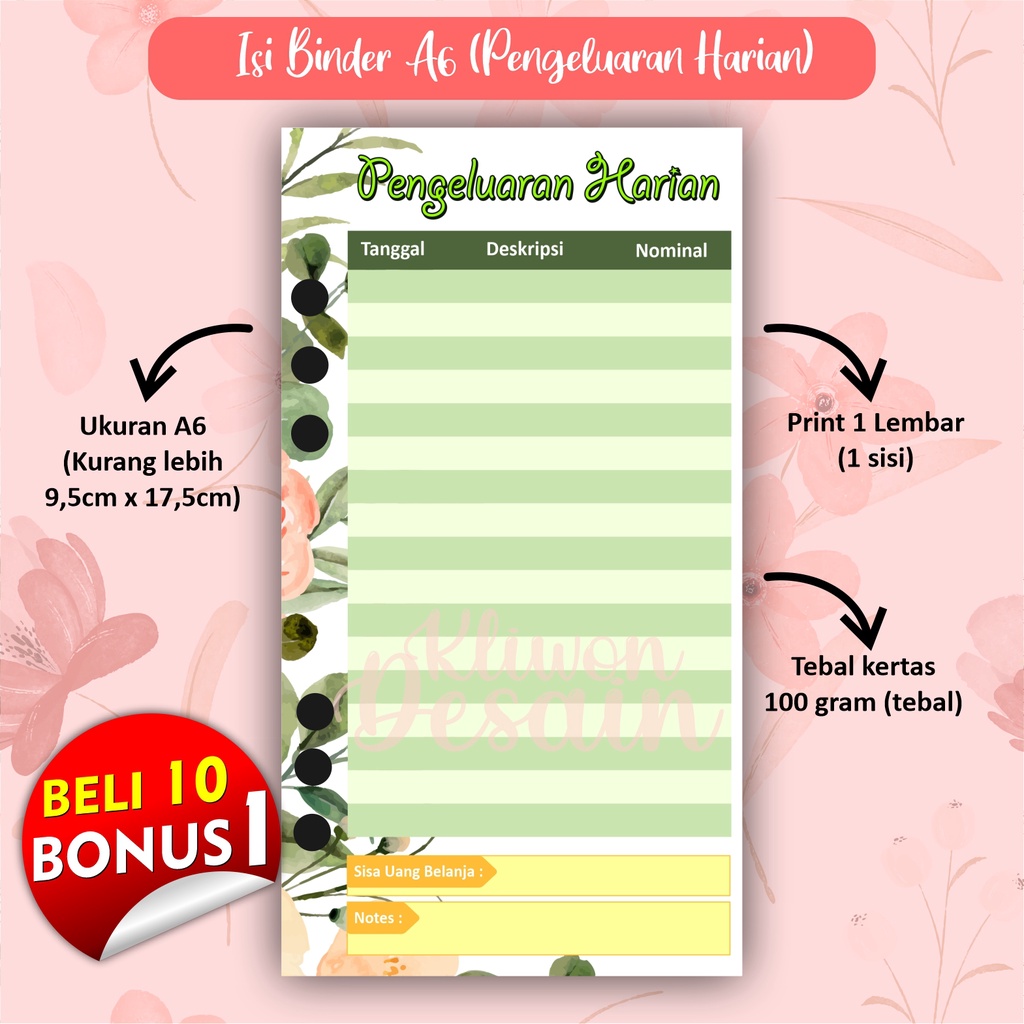 

isi kertas binder a6 ring 6 pengeluaran harian
