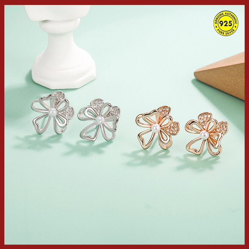 Anting Stud S925 Silver Bentuk Bunga Hibiscus Aksen Berlian Untuk Wanita