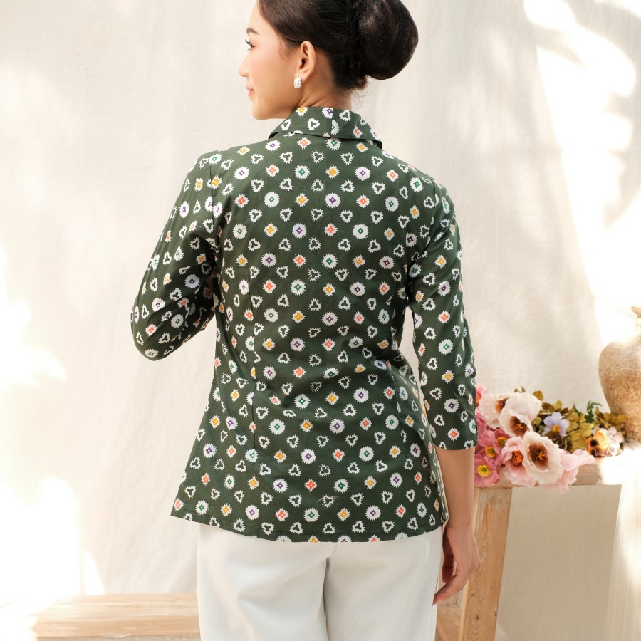 Kebaya Batik Jumputan Lengan 7/8 Meradelima Katun Hijau Tua