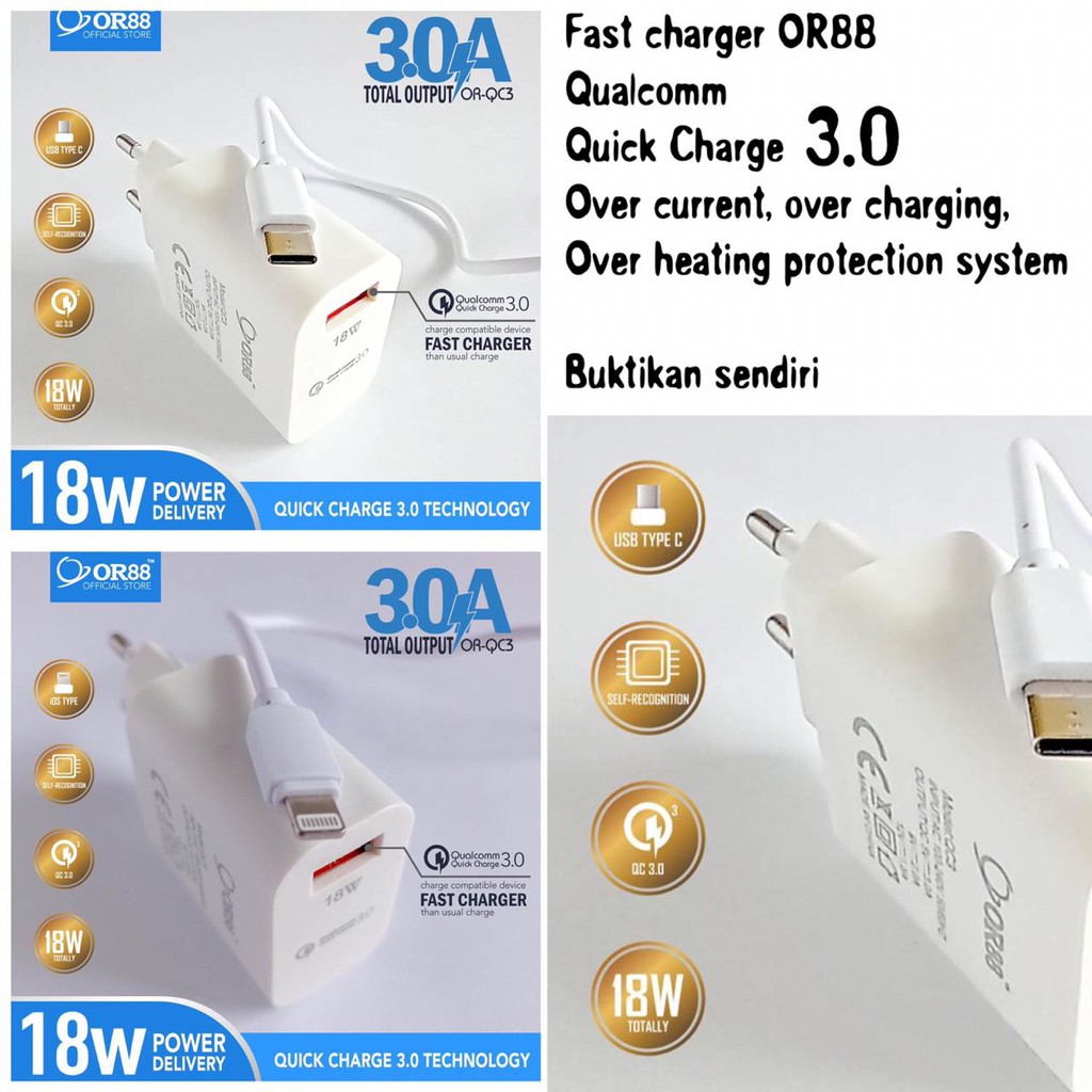 (P) Fast Charger / QC 3.0 for Type C micro / Lightning Model OR-QC3 3A OR88