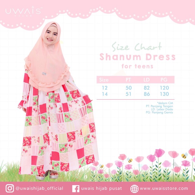 Shanum dress uwais / dress remaja / gamis motif size 12 dan 14 tahun