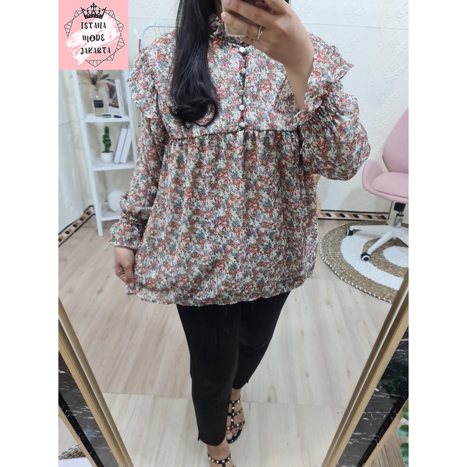 ISTANA MODE JAKARTA Zira baju atasan wanita terbaru blouse korean style blouse wanita lengan panjang-PUTIH BUNGA MERAH-3