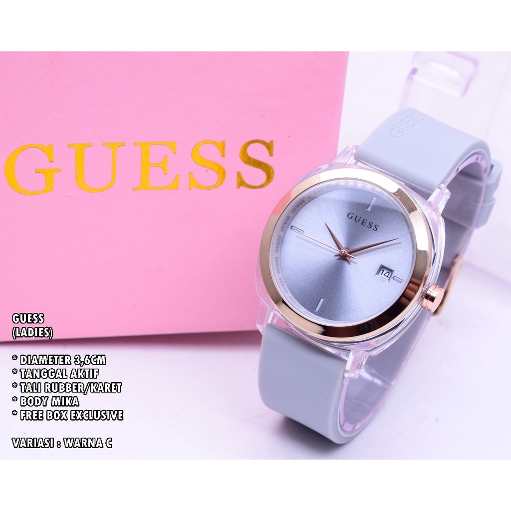 JAM TANGAN WANITA GUESS TALI RUBBER BODY BULAT TANGGAL AKTIF