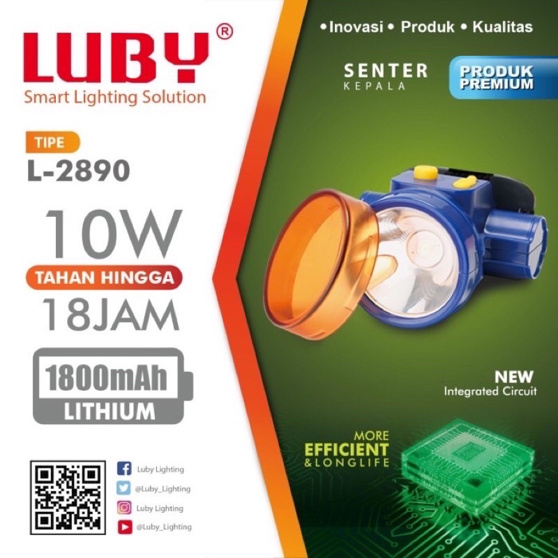 Senter Kepala LUBY Cahaya Putih 10 Watt L-2890 plus lensa Kuning &amp; Biru