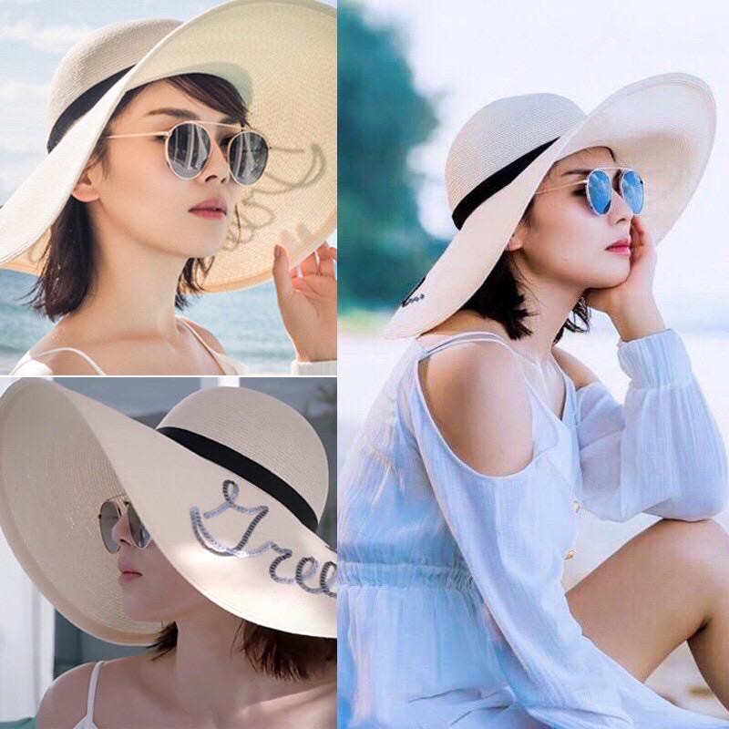 Topi Jerami Lebar Motif Bordir untuk Musim Panas / Pantai Cahaya T43