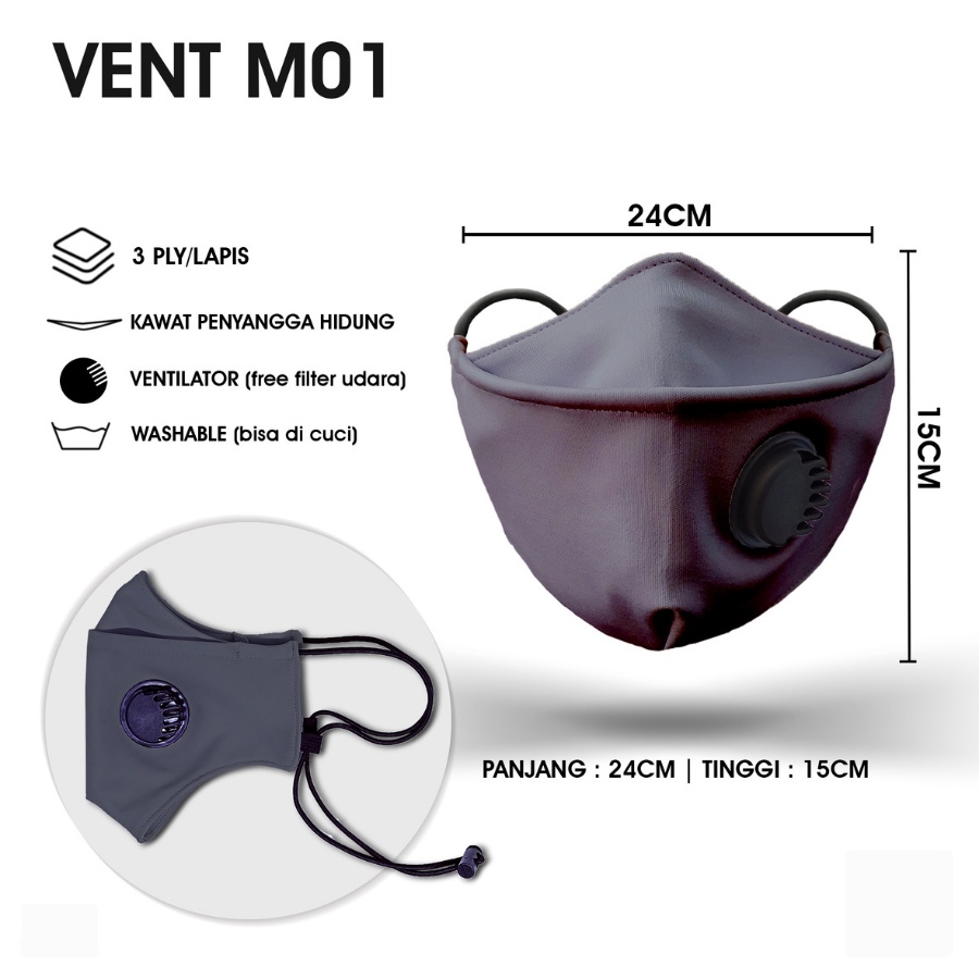 VENT M01 Masker Kain 3D 3 ply Lapis Respirator Hijab Korea Headloop Earloop Motif Pria Premium Keren