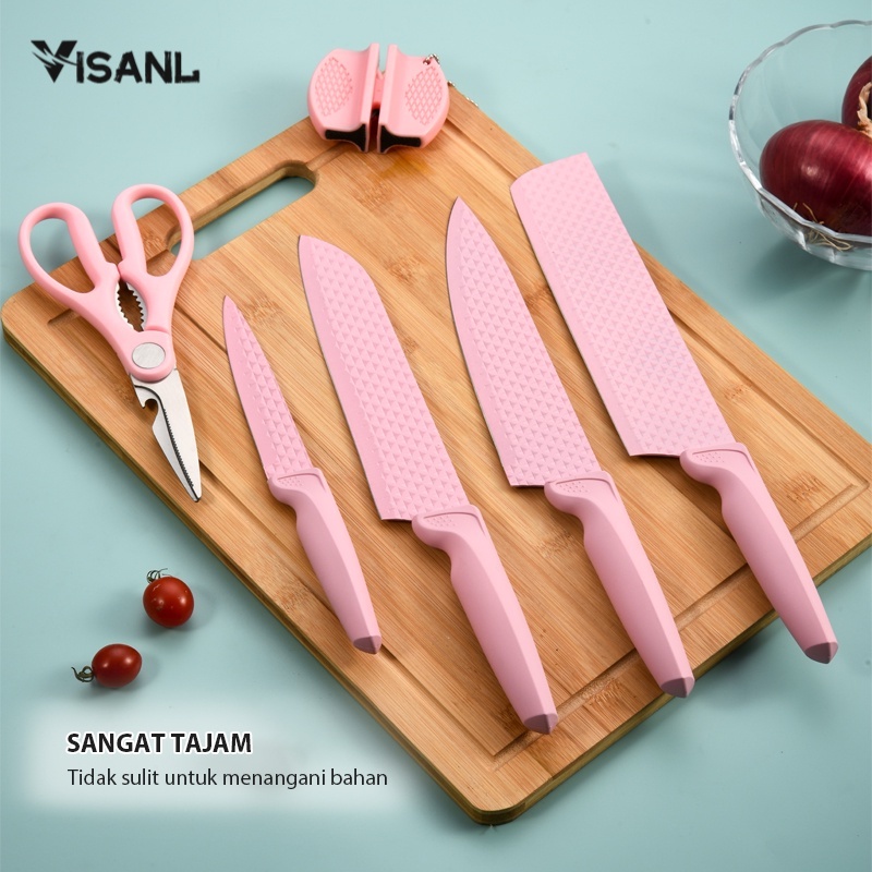 Pisau Berlian Merah Muda Knife Diamond Set 6 in 1 Cookware Pisau Dapur Anti Lengket VS-1844