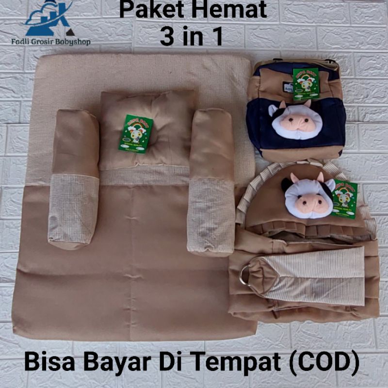 Paket Hemat (3 in 1) Tas Bayi Boneka Sapi Kasur Matras Bayi Bantal Guling Dan Gendongan Bayi Samping Topi Boneka Sapi