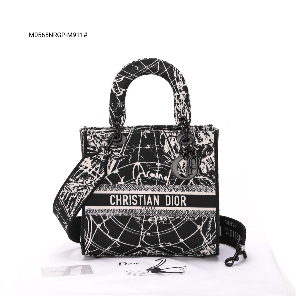 Lady Medium D-Lite Black White Around The World Embroidery Handbag M0565NRGP-M911