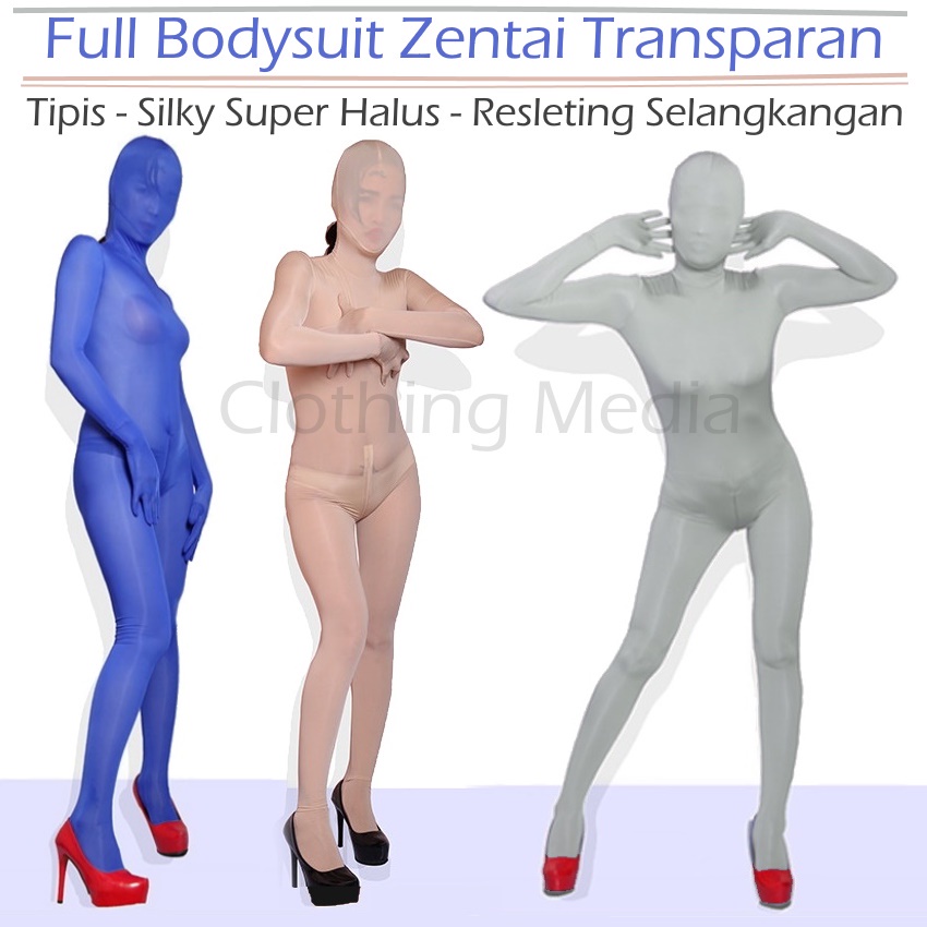 Full Bodysuit Silky Zentai Transparan Zipper Crotch Tipis Halus Lembut Morphsuit