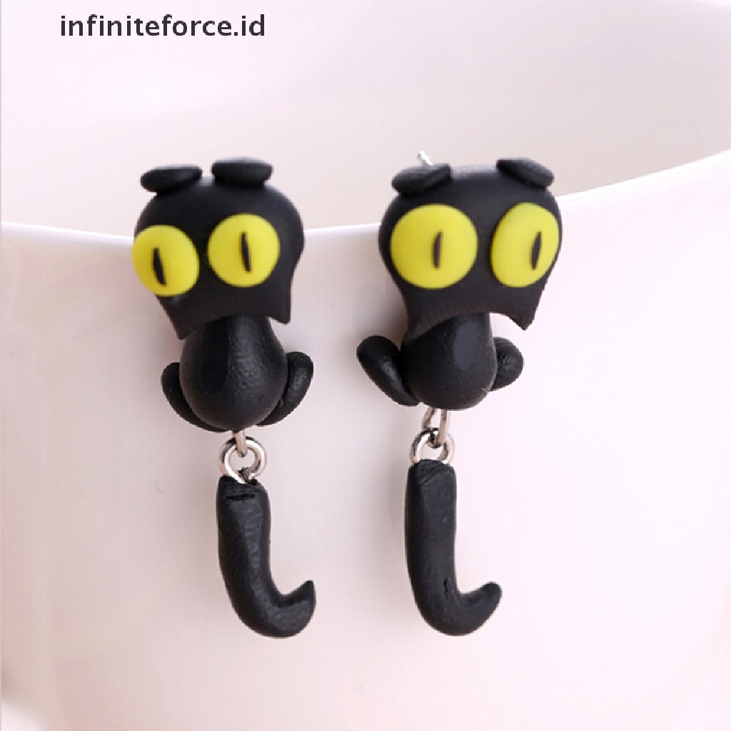 1 Pasang Anting Tusuk Bentuk Kucing Bahan Polymer Clay Untuk Wanita