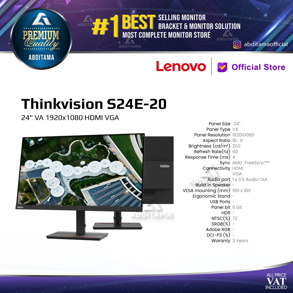 Monitor LED Lenovo Thinkvision S24E-20 24&quot; VA 1920x1080 HDMI Vesa