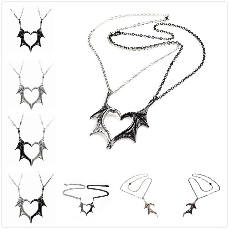 SIY  2Pcs Personality Punk Heart Wing Necklace Lovers Vinatge Bat Wing Heart Couples Pendant Necklace Set Fashion Jewerly