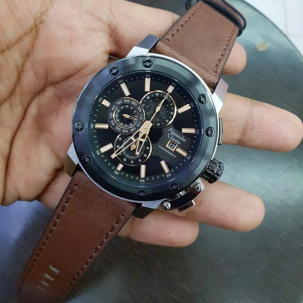 AC alexandre Christie 6519 M pria original tali kulit coklatsilver