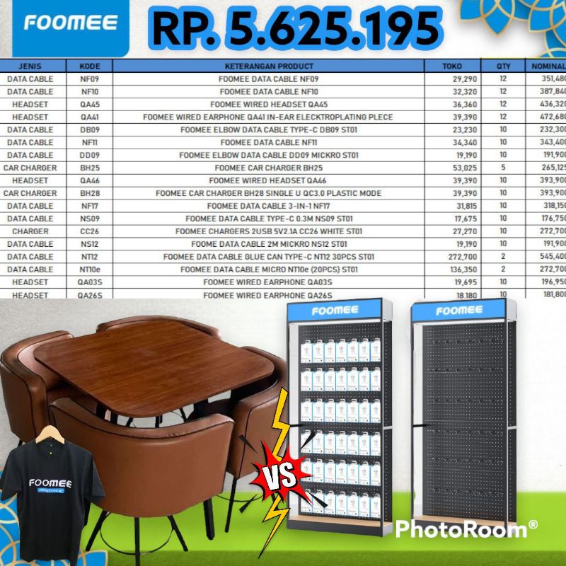 Promo Paket Reseller Gratis Rak Display / Meja Cafe 4 Kursi + Kaos FOOMEE ( NF09 NF10 QA45 QA41 DB09