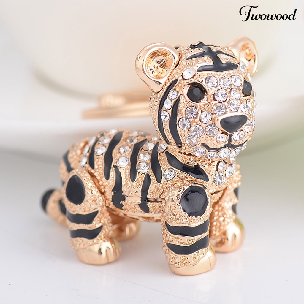 Twowood Key Ring Vivid Rhinestone Decor Multi-Color 3D Tiger Pendant Charming Key Chain for Purse