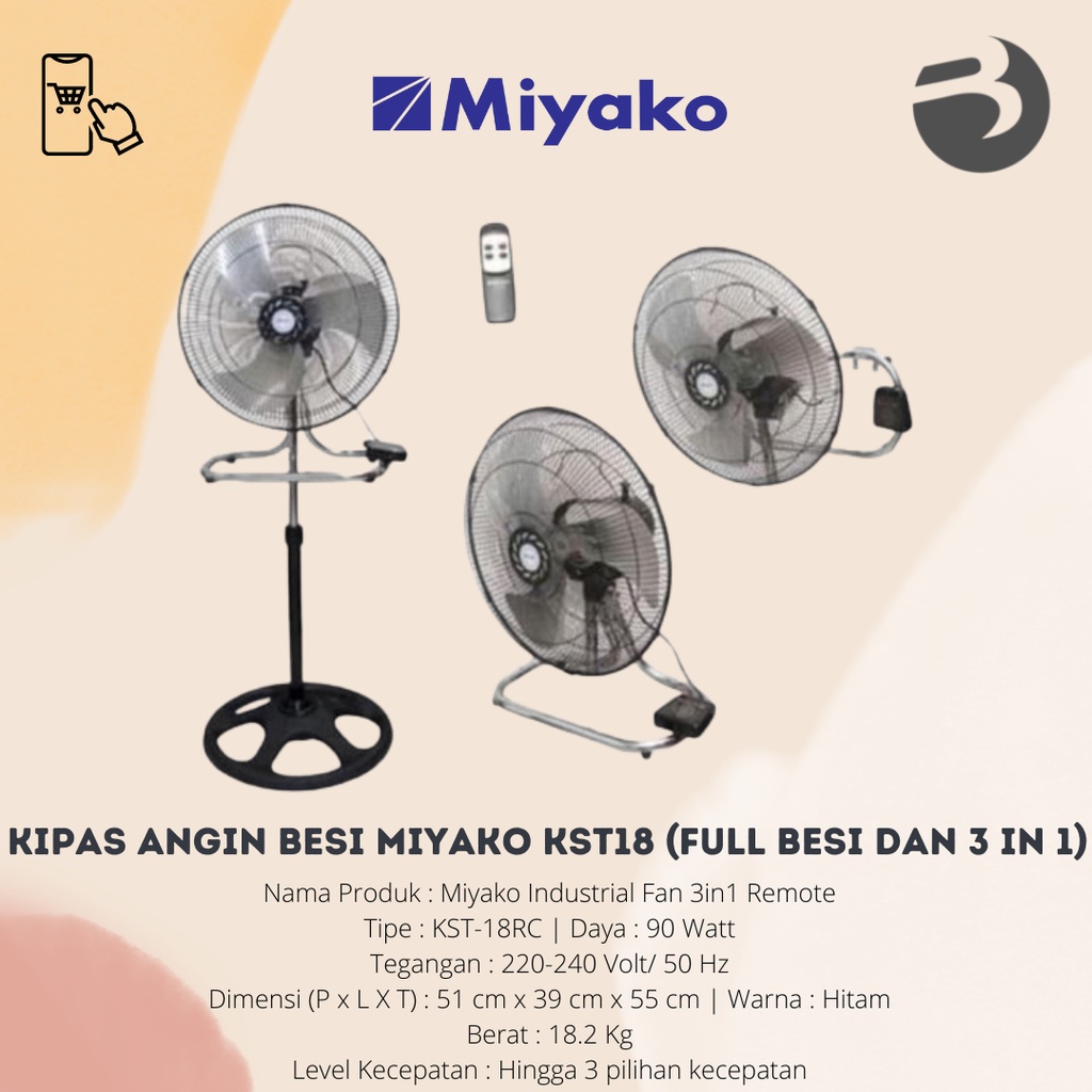 KIPAS ANGIN BESI MIYAKO KST18 ( FULL BESI dan 3 IN 1 )