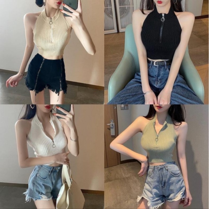 Sexy Halter Knit Zip Crop Top Atasan Wanita Tanpa Lengan 2031