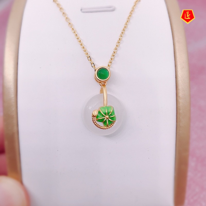 [Ready Stock]Lotus Inlaid Hetian Jade Earrings Pendant Ring Bracelet Set