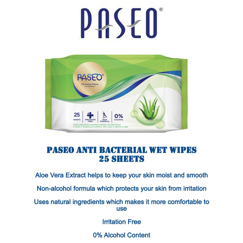 PASEO ANTI BACTERIAL 25s Tisu Tissue Basah Anti Bakteri Kuman Virus Alcohol Free EXP MARET 26