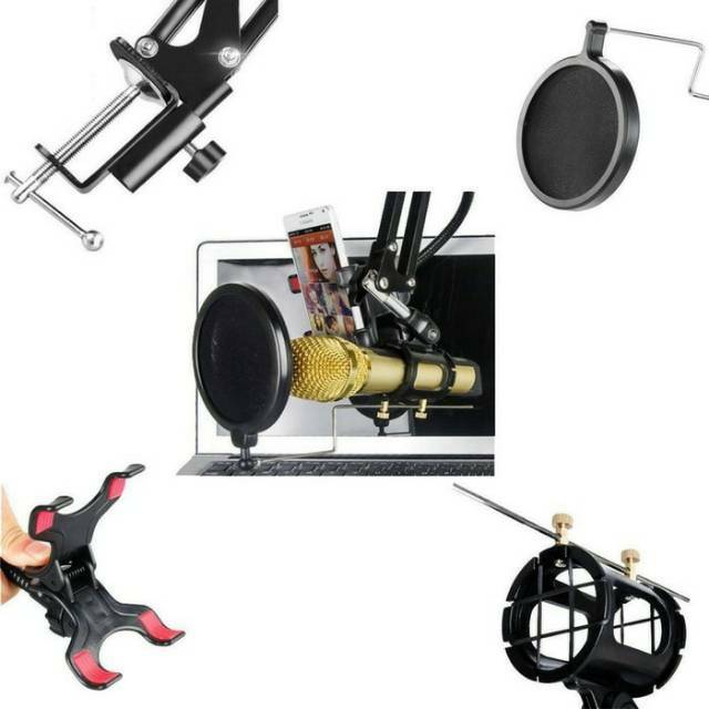 PAKET MICROPHONE BM800+STAND MIC PREMIUM+POP FILTER+SMARTPHONE+PLUS AUDIO SPLITTER