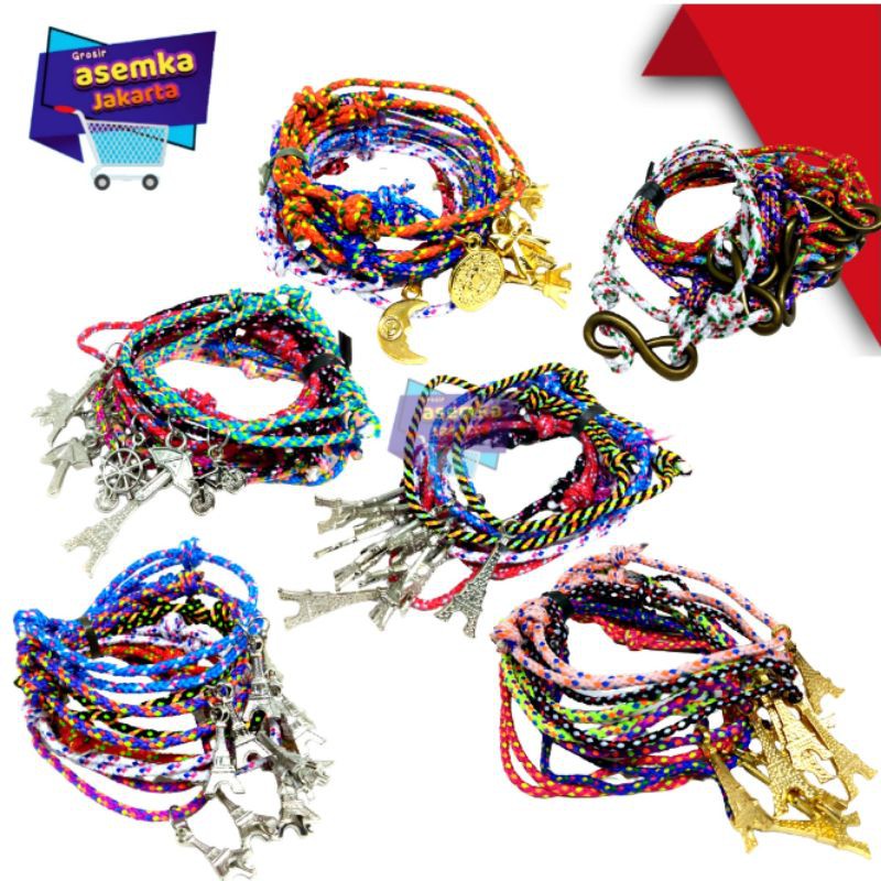 Gelang tangan Tali prusik bintik varian Polos paris pita 12pcs Grosir