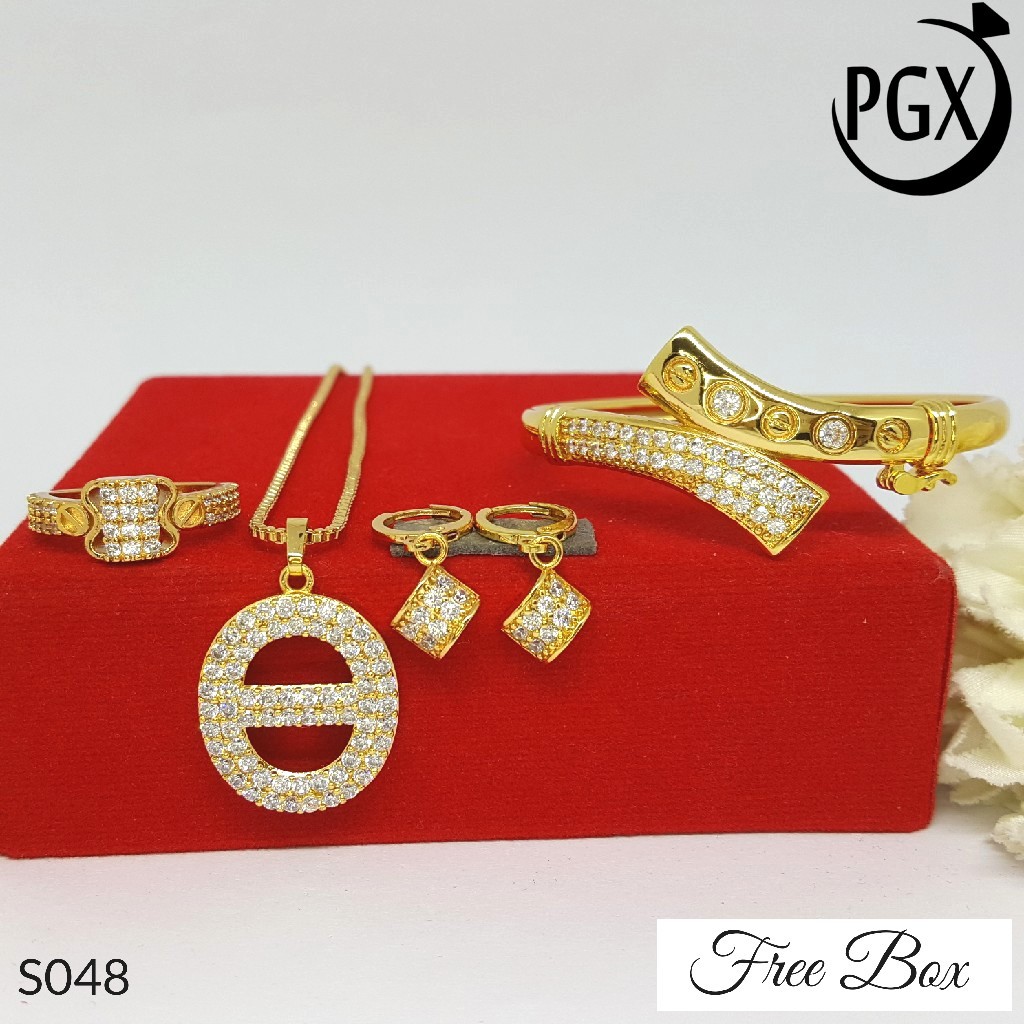 PGX Set Perhiasan Xuping Cincin Gelang Kalung Anting Lapis Emas - S048