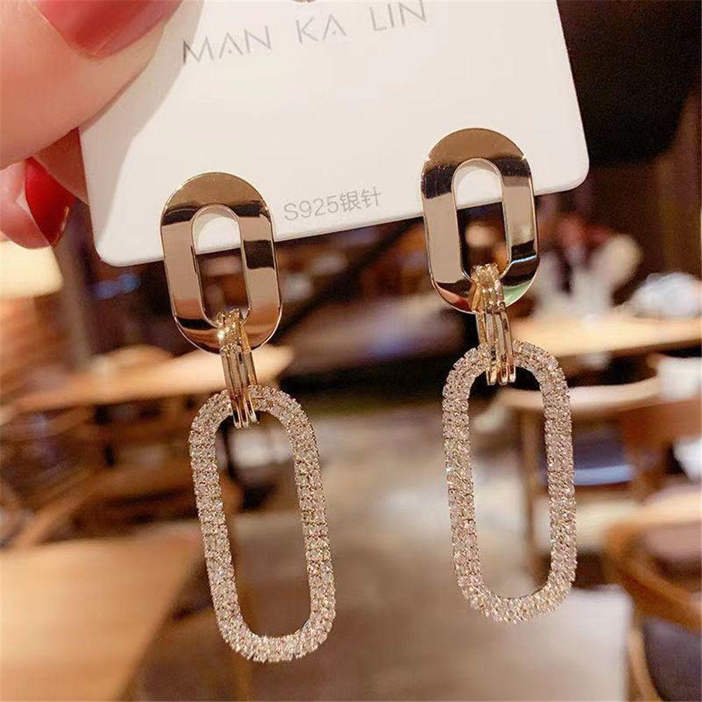 Solighter Anting Wanita Korea Emas Berlian Imitasi Stud Earrings