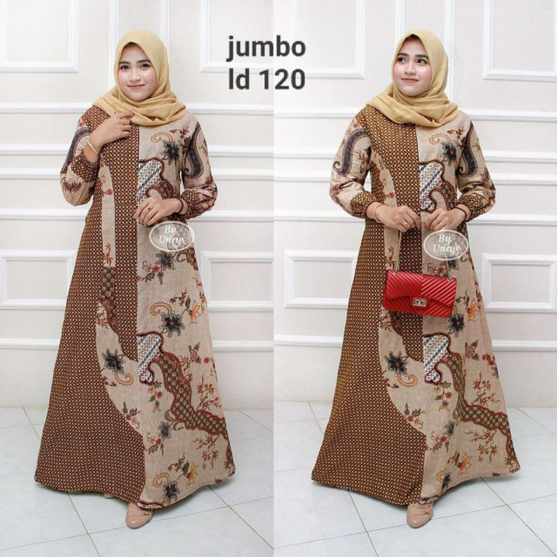 Baju dress gamis batik modern wanita kombinasi s motif coklatan
