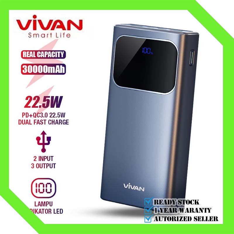 Powerbank 30000mAh VIVAN VPB-C30 3 Output Fast Charging 22.5W PD QC 3.0 VOOC Support Smartphone All Type-Garansi Resmi 18 Bulan